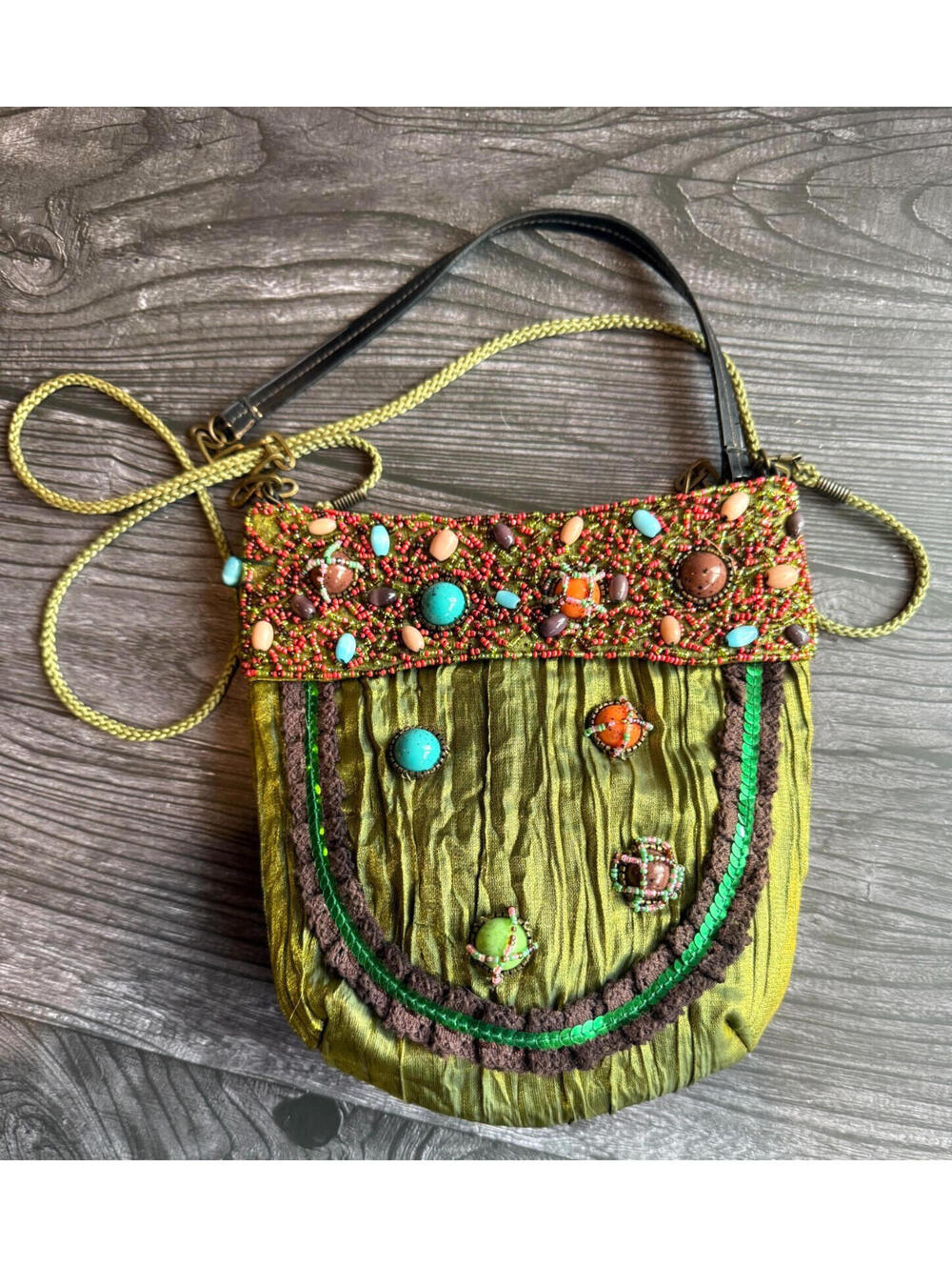 Vintage Olive Green Beaded Embellished Evening Bag Stone Accents MF Style Purse